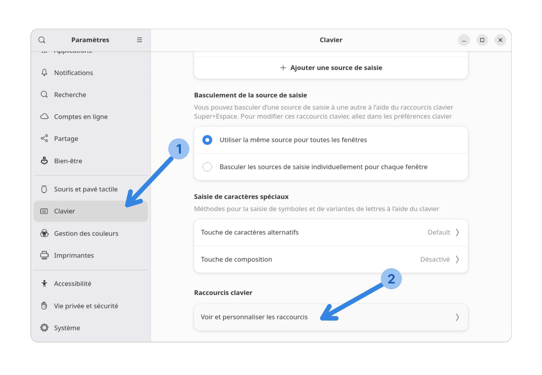 Fenêtre des paramètres Clavier