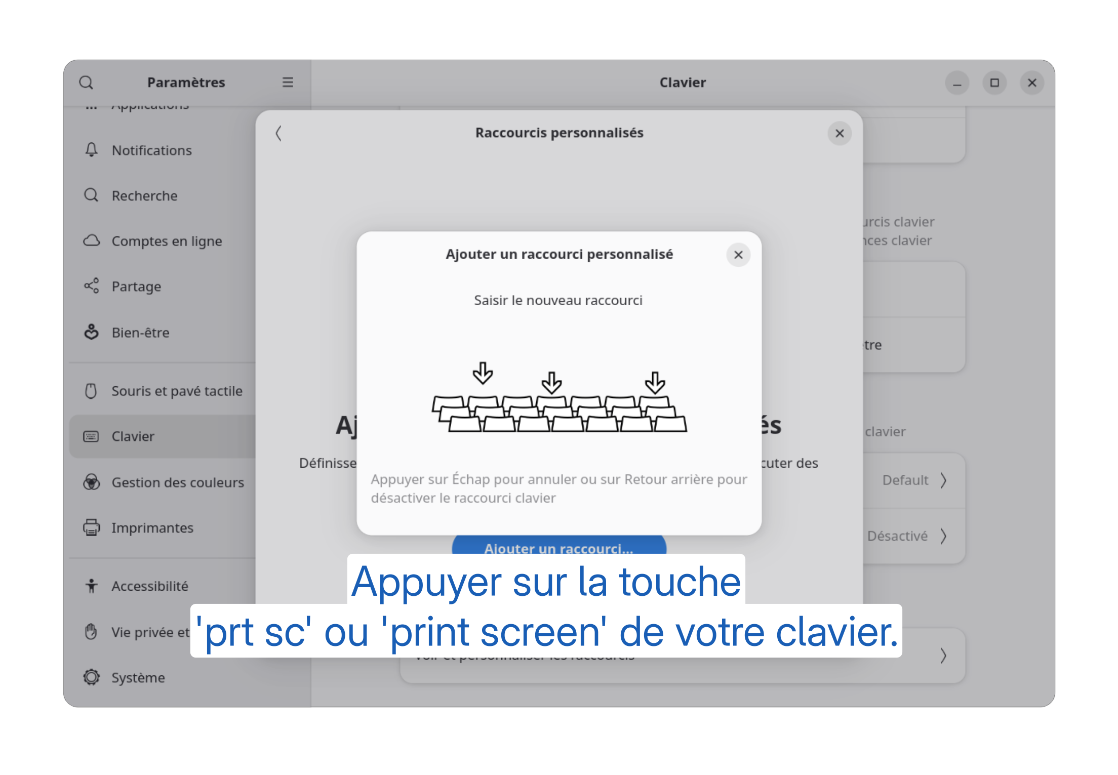 Fenêtre ou le système demande la nouvelle touche de raccourci. Touche Retour en arrière pour supprimer le raccourci