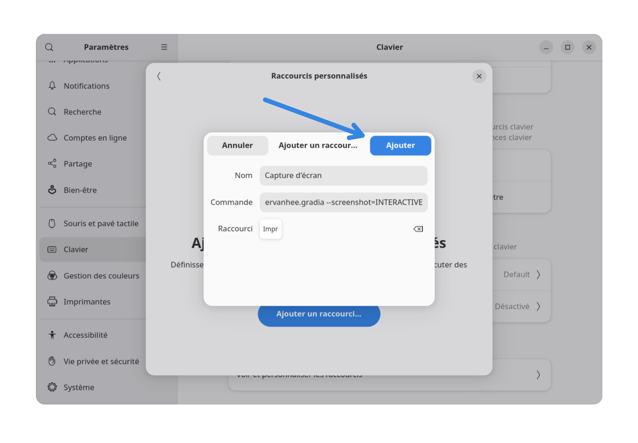 Fenêtre de création de raccourci remplie