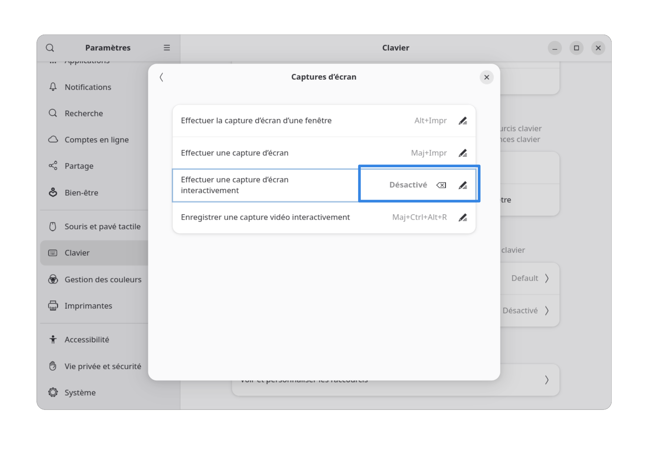 Fenêtre des Raccourcis clavier