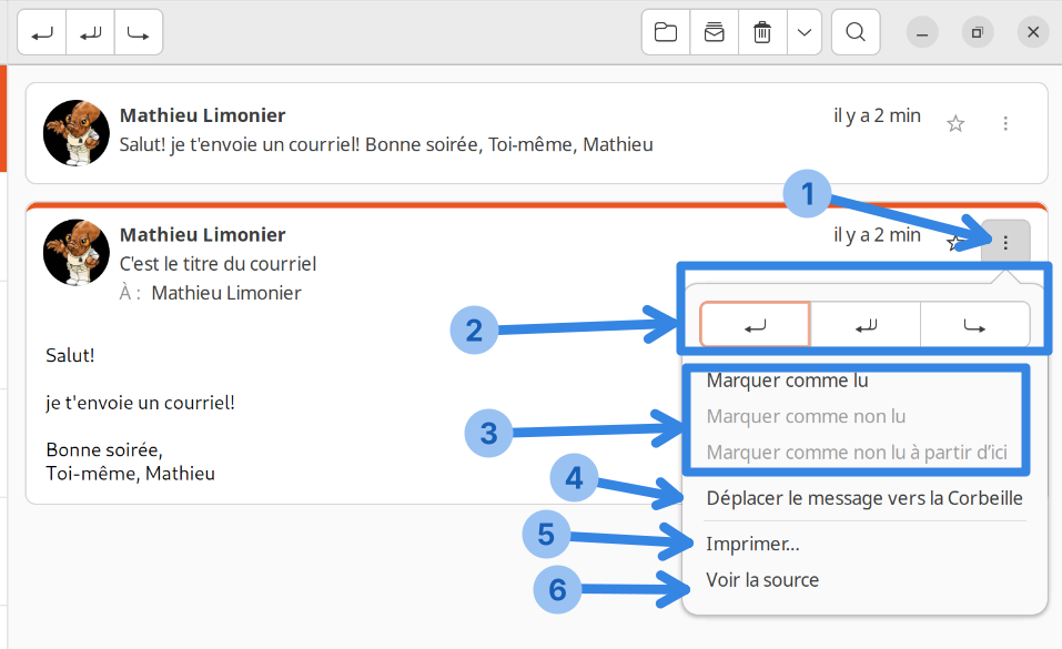 Zoom sur le menu complet du courriel