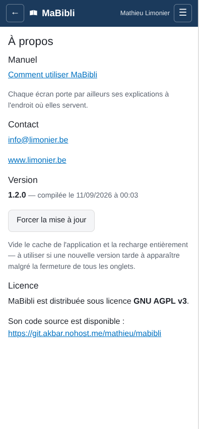 Version ordiphone: L’écran ‘. Un lien ‘ vers ce manuel, puis ‘ Une section Contact avec une adresse courriel et le site de l’auteur. La version ‘ et un bouton ‘. Enfin, la licence GNU AGPL v3 et le lien vers le code source.