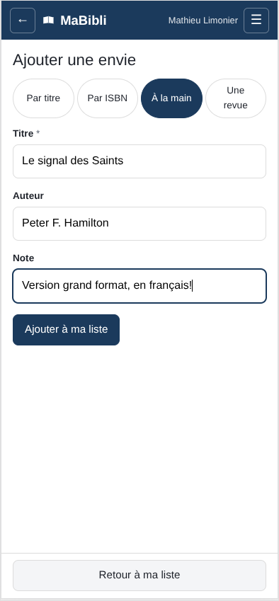 Version ordiphone: L’onglet ‘ est sélectionné. Trois champs: Titre ‘, Auteur ‘ et Note ‘. Un bouton ‘.