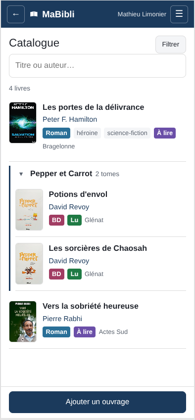 Version ordiphone: L’écran Catalogue affiche maintenant ‘. Le nouveau livre ‘ de Peter F. Hamilton apparaît en haut de la liste avec sa couverture, ses étiquettes ‘, ‘, ‘, ‘ et son éditeur Bragelonne.
