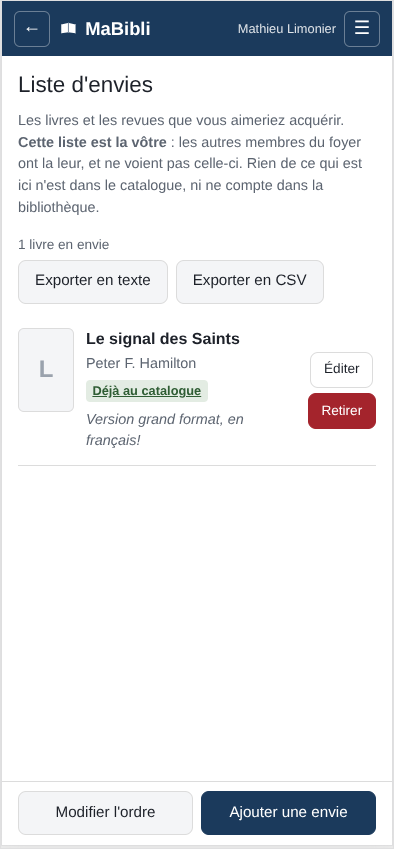 Version ordiphone: L’écran ‘ avec une seule envie, ‘ de Peter F. Hamilton. Sous le titre, une étiquette verte soulignée ‘. La note ‘ est affichée en italique. À droite, les boutons ‘ et ‘.