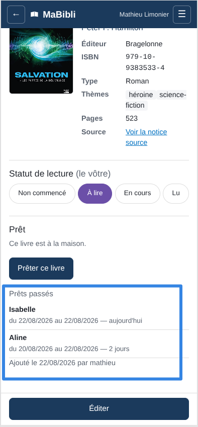 Version ordiphone: Le bas de la fiche du livre, encadré en bleu. Le bloc ‘ liste ‘ et ‘. En dessous, ‘. Plus haut, la section Prêt indique ‘ avec le bouton ‘.