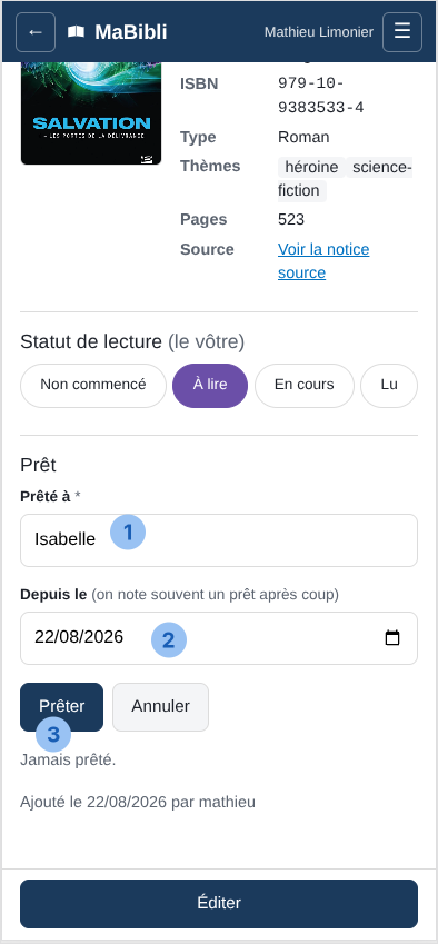 Version ordiphone: La section ‘ de la fiche du livre. Trois pastilles numérotées désignent: 1 le champ ‘ contenant ‘, 2 le champ ‘ contenant la date ‘ avec la mention ’, 3 le bouton ‘. À côté, un bouton ‘.
