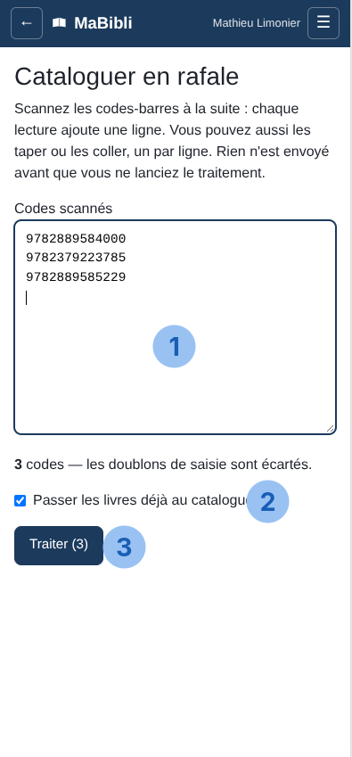 Version ordiphone: L’écran ‘. Trois pastilles numérotées désignent: 1 la zone de texte ‘ contenant trois ISBN déjà collectés, 2 la case cochée ‘, 3 le bouton ‘. Au-dessus, la mention ‘