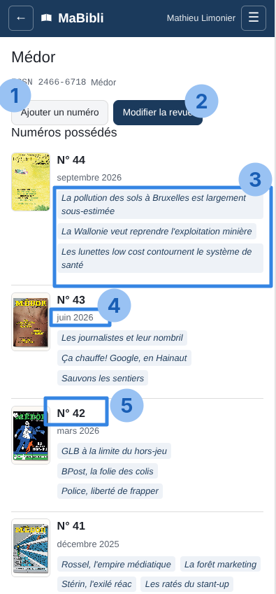 Version ordiphone: La fiche de la revue ‘, avec ses numéros possédés, du plus récent au plus ancien. Cinq pastilles numérotées désignent: 1 le bouton ‘, 2 le bouton ‘, 3 les étiquettes ‘ du n° 44, 4 la date de parution du n° 43 (‘), 5 le numéro lui-même (‘).